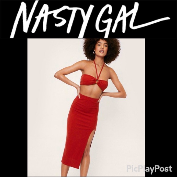 Nasty Gal Brick Red Midi Ribbed Long Slit Skirt US 6 S NWT BOHO 70s VIBES - Picture 1 of 9